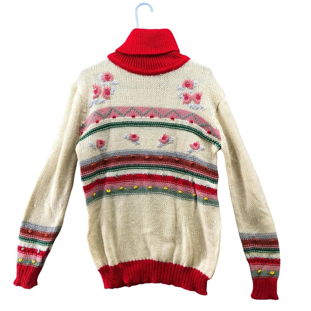 Vintage Turtleneck Sweater Womens L Embroidered Ivory Red Grandma Cottagecore